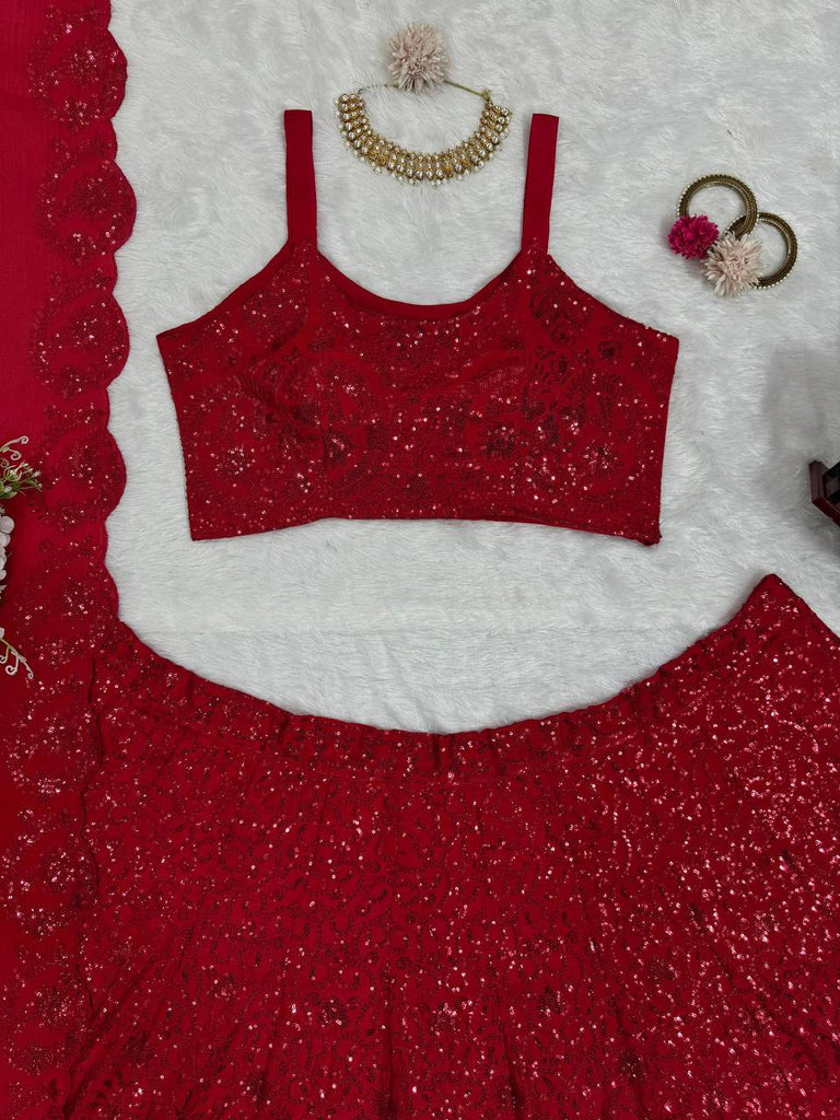 Red Premium Chinon Silk Semi-Stitched Lehenga Choli Set with Sequin & Thread Embroidery ClothsVilla