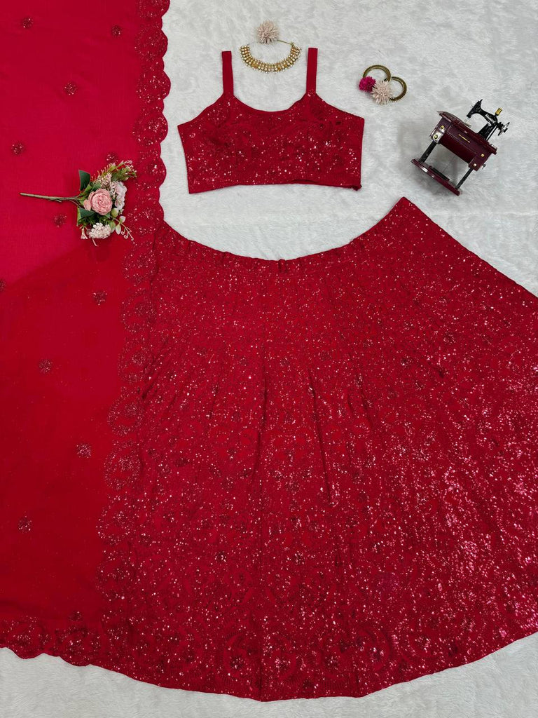 Red Premium Chinon Silk Semi-Stitched Lehenga Choli Set with Sequin & Thread Embroidery ClothsVilla