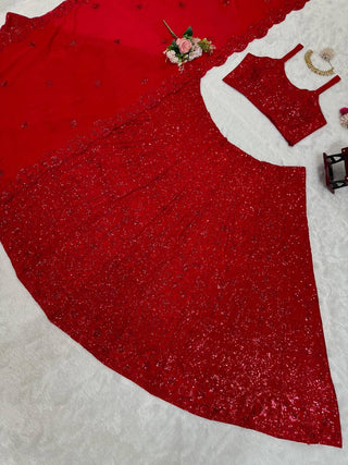 Red Premium Chinon Silk Semi-Stitched Lehenga Choli Set with Sequin & Thread Embroidery ClothsVilla