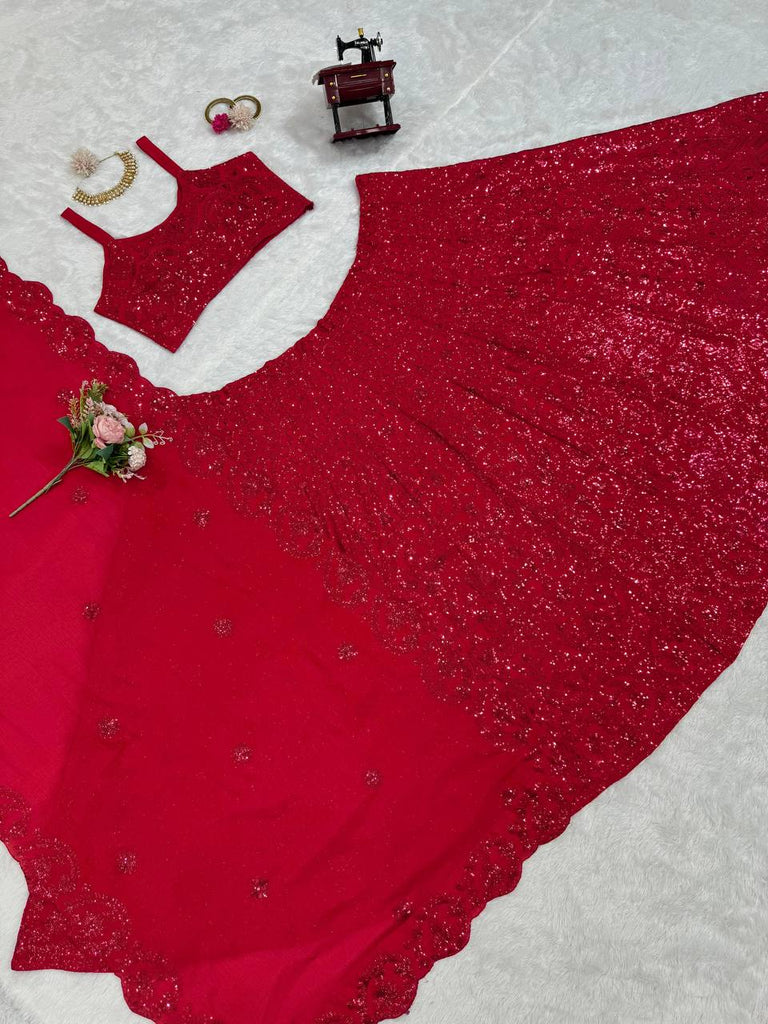 Red Premium Chinon Silk Semi-Stitched Lehenga Choli Set with Sequin & Thread Embroidery ClothsVilla