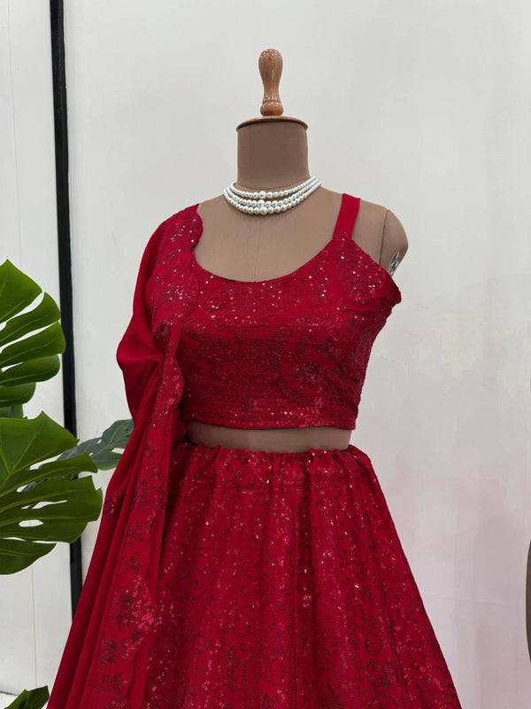 Red Premium Chinon Silk Semi-Stitched Lehenga Choli Set with Sequin & Thread Embroidery ClothsVilla