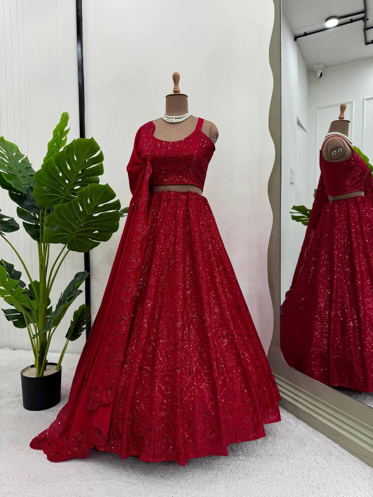 Red Premium Chinon Silk Semi-Stitched Lehenga Choli Set with Sequin & Thread Embroidery ClothsVilla