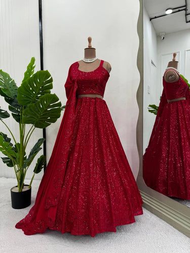Red Premium Chinon Silk Semi-Stitched Lehenga Choli Set with Sequin & Thread Embroidery ClothsVilla