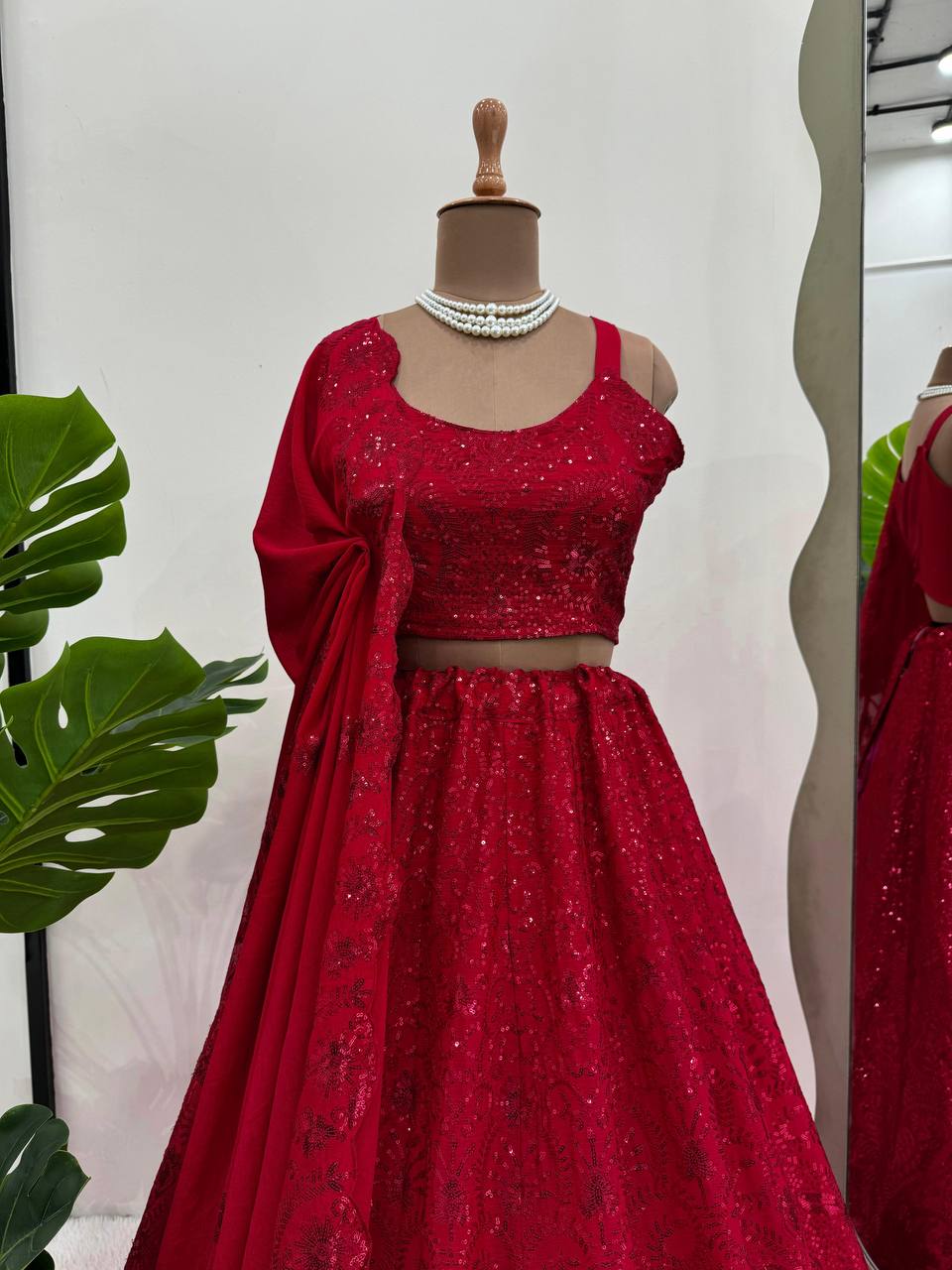 Red Premium Chinon Silk Semi-Stitched Lehenga Choli Set with Sequin & Thread Embroidery ClothsVilla
