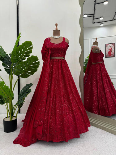 Red Premium Chinon Silk Semi-Stitched Lehenga Choli Set with Sequin & Thread Embroidery ClothsVilla