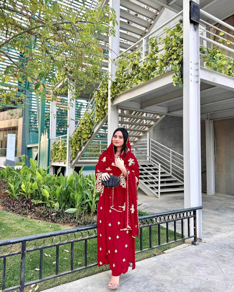 Red Premium Designer Party Wear Faux Georgette Top, Bottom & Dupatta Set Clothsvilla Main image