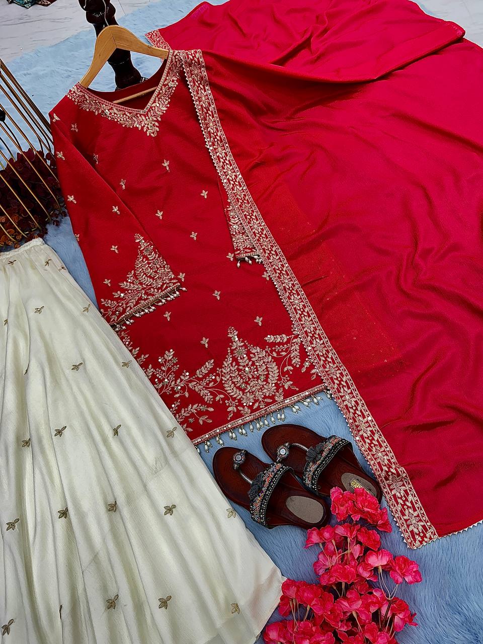 Red Premium Designer Party Wear Heavy Chinon Silk Top, Palazzo & Dupatta Set