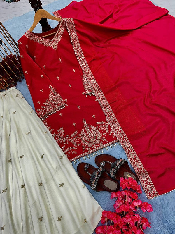 Red Premium Designer Party Wear Heavy Chinon Silk Top, Palazzo & Dupatta Set