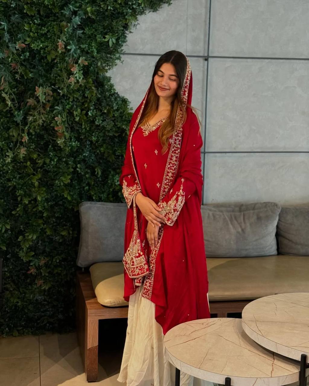 Red Premium Designer Party Wear Heavy Chinon Silk Top, Palazzo & Dupatta Set Main image