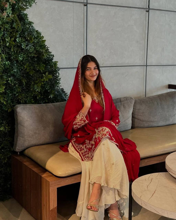 Red Premium Designer Party Wear Heavy Chinon Silk Top, Palazzo & Dupatta Set