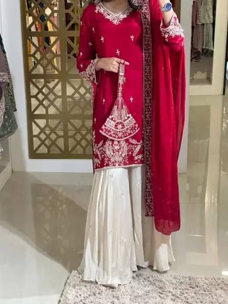 Red Premium Designer Party Wear Heavy Chinon Silk Top, Palazzo & Dupatta Set