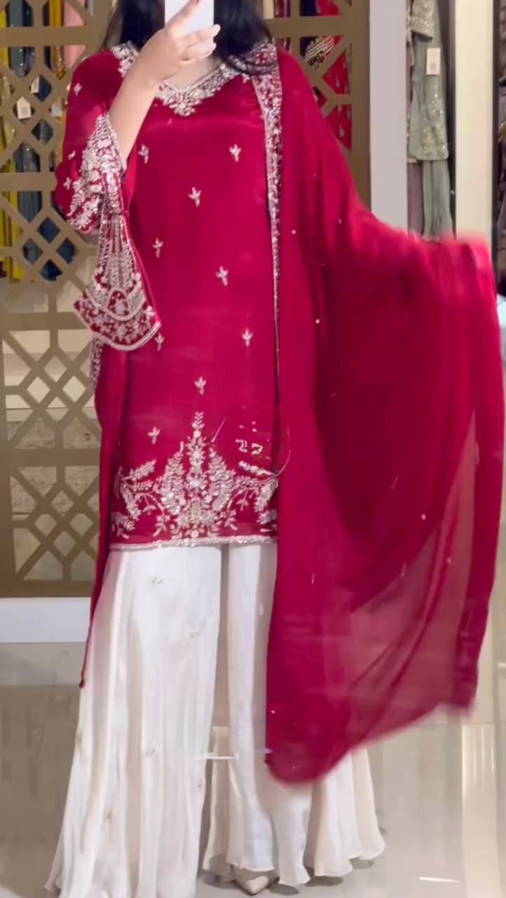 Red Premium Designer Party Wear Heavy Chinon Silk Top, Palazzo & Dupatta Set