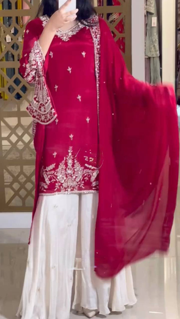 Red Premium Designer Party Wear Heavy Chinon Silk Top, Palazzo & Dupatta Set