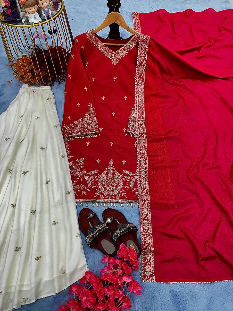 Red Premium Designer Party Wear Heavy Chinon Silk Top, Palazzo & Dupatta Set