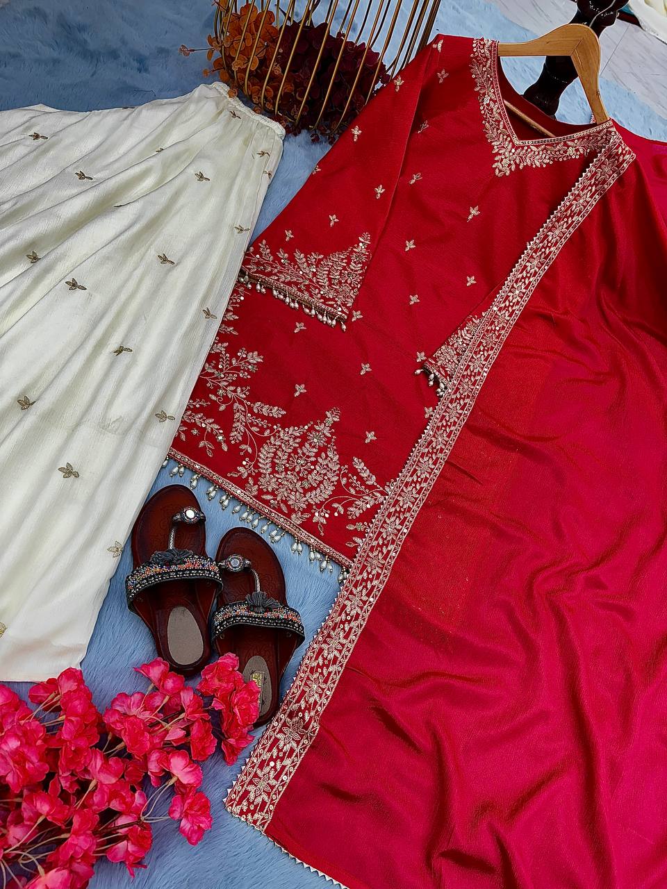 Red Premium Designer Party Wear Heavy Chinon Silk Top, Palazzo & Dupatta Set