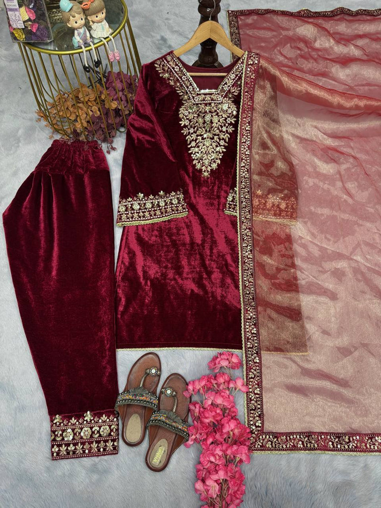 Red Premium Designer Party Wear Ready-made Top, Bottom & Dupatta Set Clothsvilla