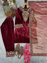 Load image into Gallery viewer, Red Premium Designer Party Wear Ready-made Top, Bottom &amp; Dupatta Set Clothsvilla