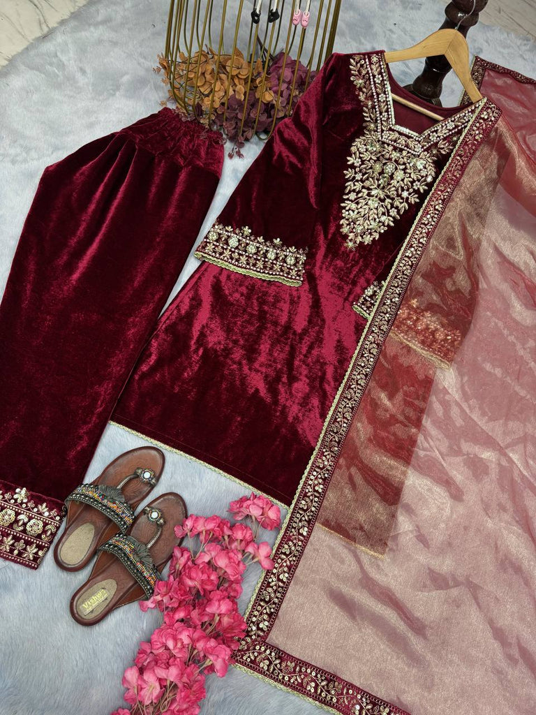 Red Premium Designer Party Wear Ready-made Top, Bottom & Dupatta Set Clothsvilla