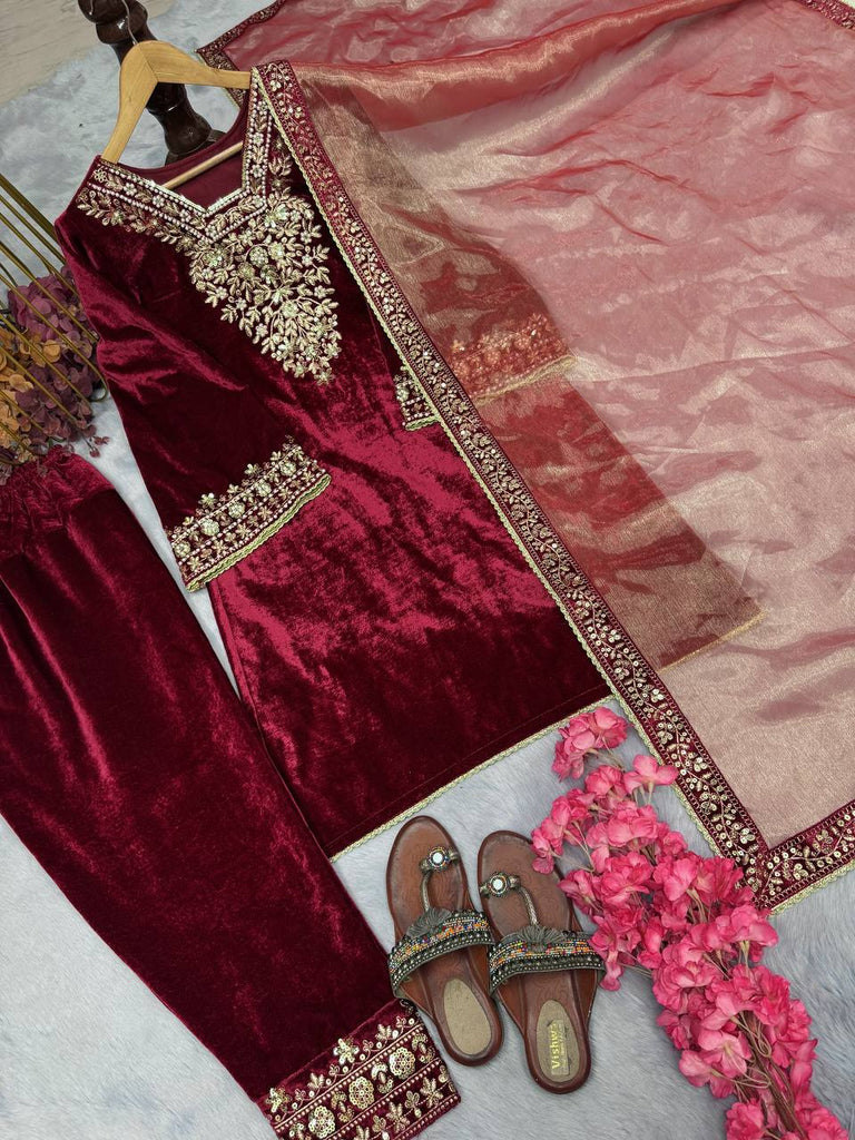 Red Premium Designer Party Wear Ready-made Top, Bottom & Dupatta Set Clothsvilla