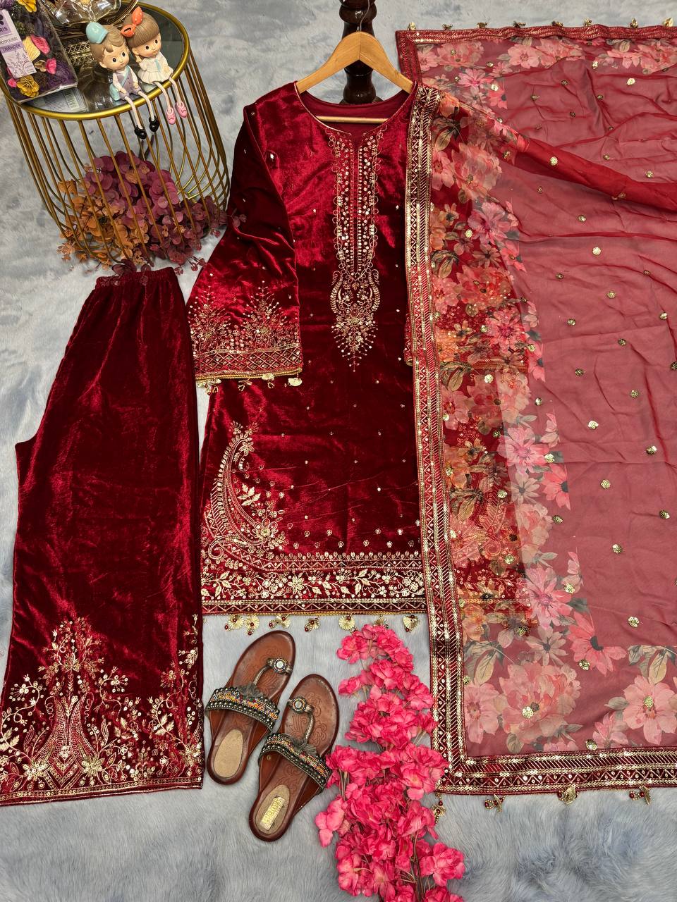 Red Premium Designer Readymade Viscose Velvet Top, Plazzo & Dupatta Set – Party Wear Elegance XXL