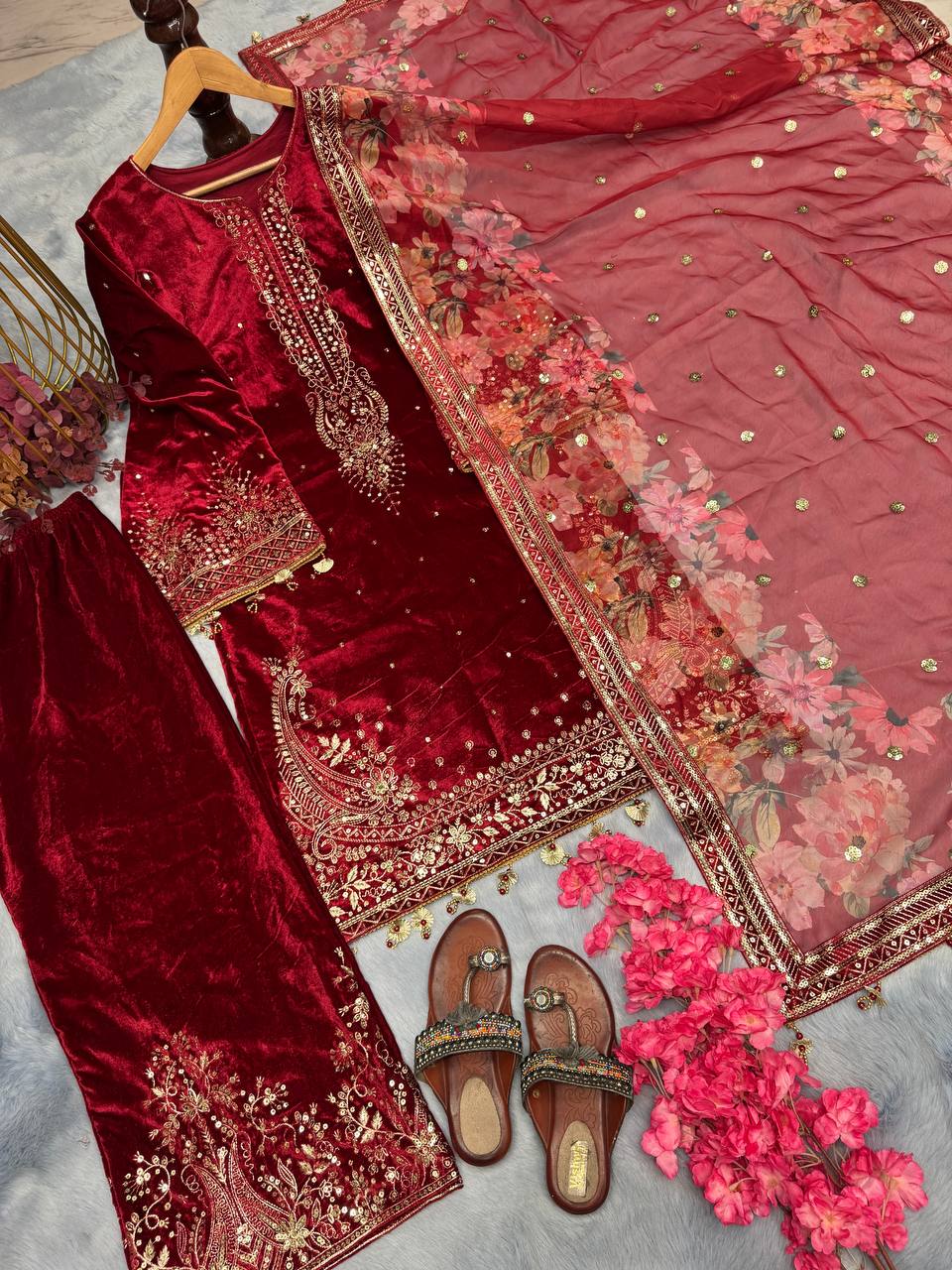 Red Premium Designer Party Wear Viscose Velvet Top, Plazzo & Dupatta Set – Elegant Festive Look Clothsvilla