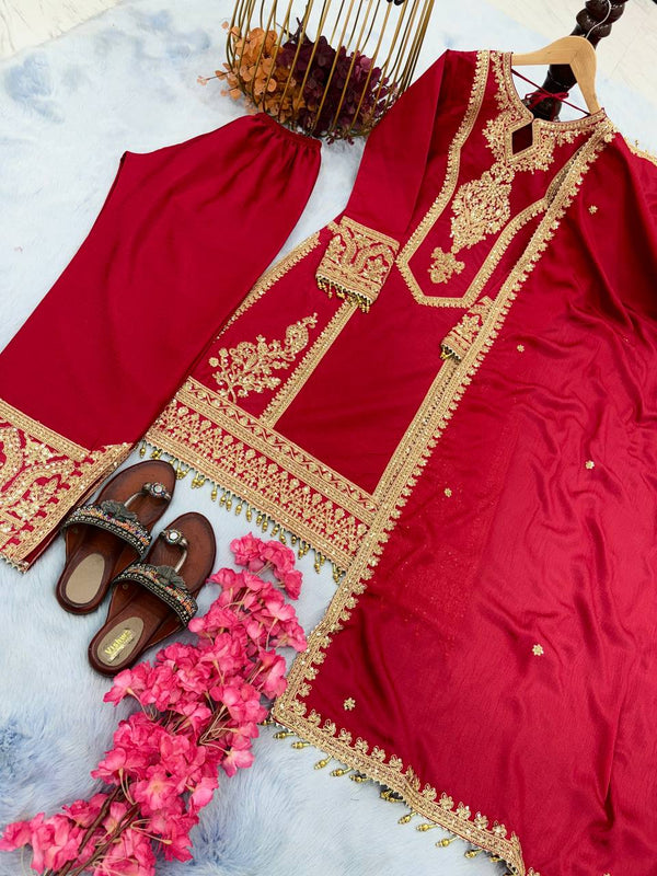 Red Premium Designer Readymade Chinon Silk Top, Plazzo & Dupatta Set – Party Wear Elegance Clothsvilla
