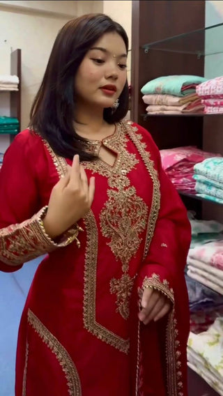 Red Premium Designer Readymade Chinon Silk Top, Plazzo & Dupatta Set – Party Wear Elegance Clothsvilla