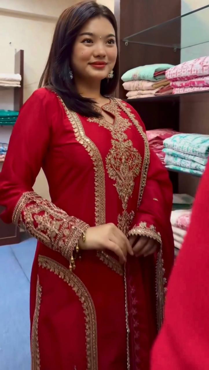 Red Premium Designer Readymade Chinon Silk Top, Plazzo & Dupatta Set – Party Wear Elegance Clothsvilla