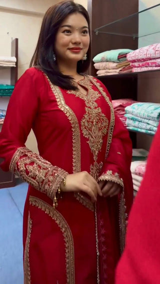 Red Premium Designer Readymade Chinon Silk Top, Plazzo & Dupatta Set – Party Wear Elegance Clothsvilla