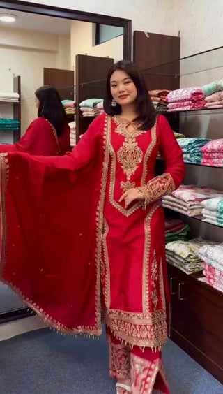 Red Premium Designer Readymade Chinon Silk Top, Plazzo & Dupatta Set – Party Wear Elegance Clothsvilla