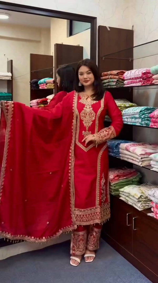 Red Premium Designer Readymade Chinon Silk Top, Plazzo & Dupatta Set – Party Wear Elegance Clothsvilla