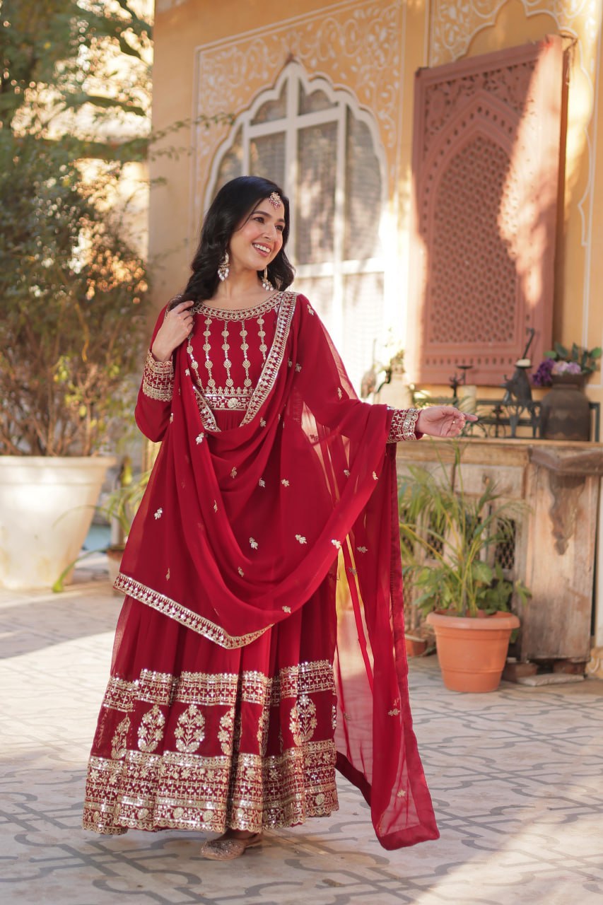 Red Premium Designer Readymade Gown-Dupatta Collection ClothsVilla