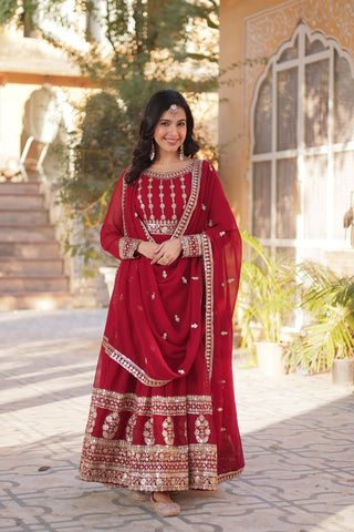 Red Premium Designer Readymade Gown-Dupatta Collection ClothsVilla