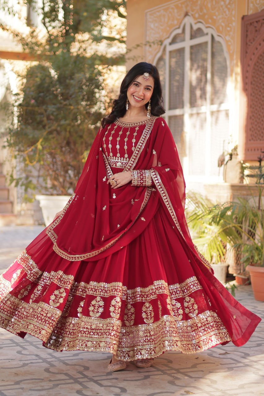 Red Premium Designer Readymade Gown-Dupatta Collection ClothsVilla