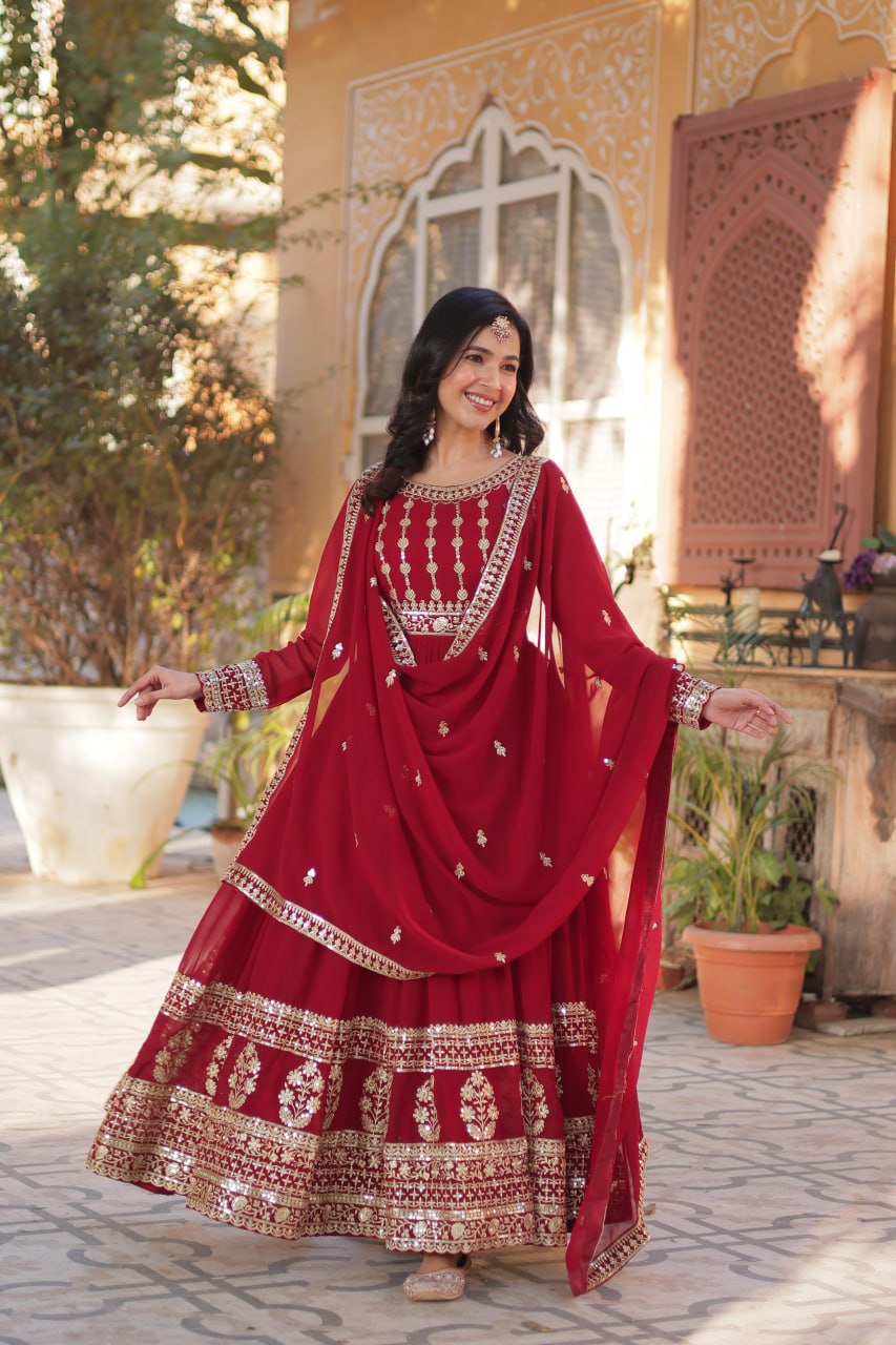 Red Premium Designer Readymade Gown-Dupatta Collection ClothsVilla