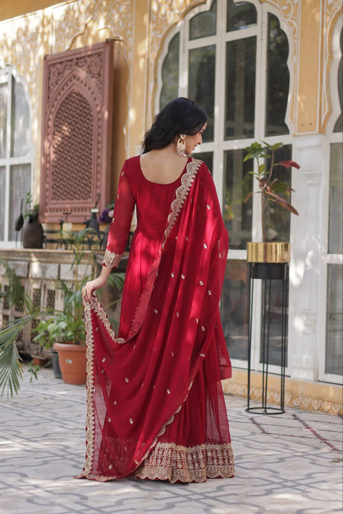 Red Premium Designer Readymade Gown with Dupatta Collection Elegant Embroidered Faux Blooming Design Clothsvilla