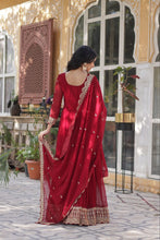 Load image into Gallery viewer, Red Premium Designer Readymade Gown with Dupatta Collection Elegant Embroidered Faux Blooming Design Clothsvilla