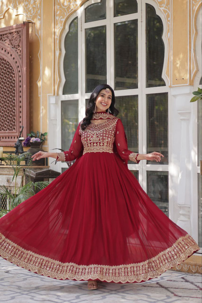 Red Premium Designer Readymade Gown with Dupatta Collection Elegant Embroidered Faux Blooming Design Clothsvilla