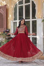 Load image into Gallery viewer, Red Premium Designer Readymade Gown with Dupatta Collection Elegant Embroidered Faux Blooming Design Clothsvilla