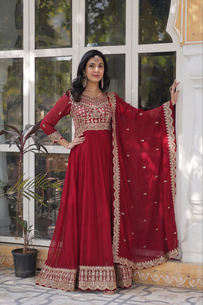 Red Premium Designer Readymade Gown with Dupatta Collection Elegant Embroidered Faux Blooming Design Clothsvilla