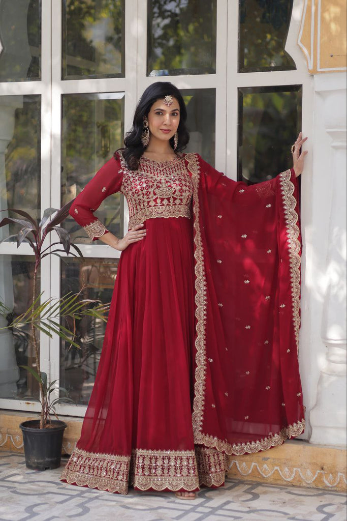 Red Premium Designer Readymade Gown with Dupatta Collection Elegant Embroidered Faux Blooming Design Clothsvilla