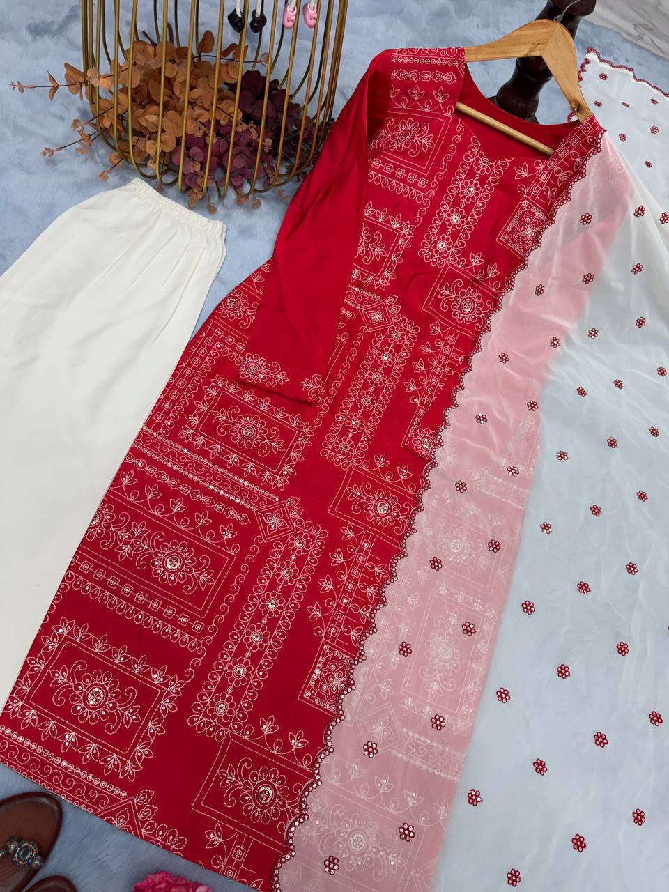 Red Premium Designer Readymade Pur Roman Silk Top, Bottom & Dupatta Set – Party & Festive Wear Collection Clothsvilla