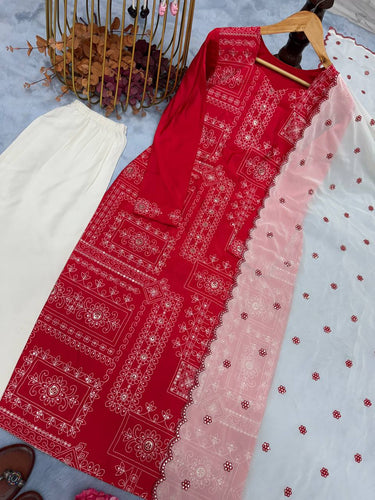 Red Premium Designer Readymade Pur Roman Silk Top, Bottom & Dupatta Set – Party & Festive Wear Collection Clothsvilla