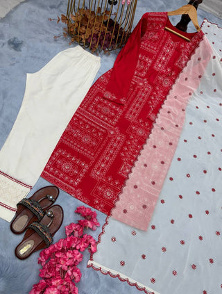 Red Premium Designer Readymade Pur Roman Silk Top, Bottom & Dupatta Set – Party & Festive Wear Collection Clothsvilla