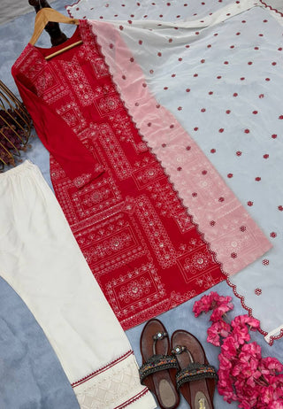 Red Premium Designer Readymade Pur Roman Silk Top, Bottom & Dupatta Set – Party & Festive Wear Collection Clothsvilla
