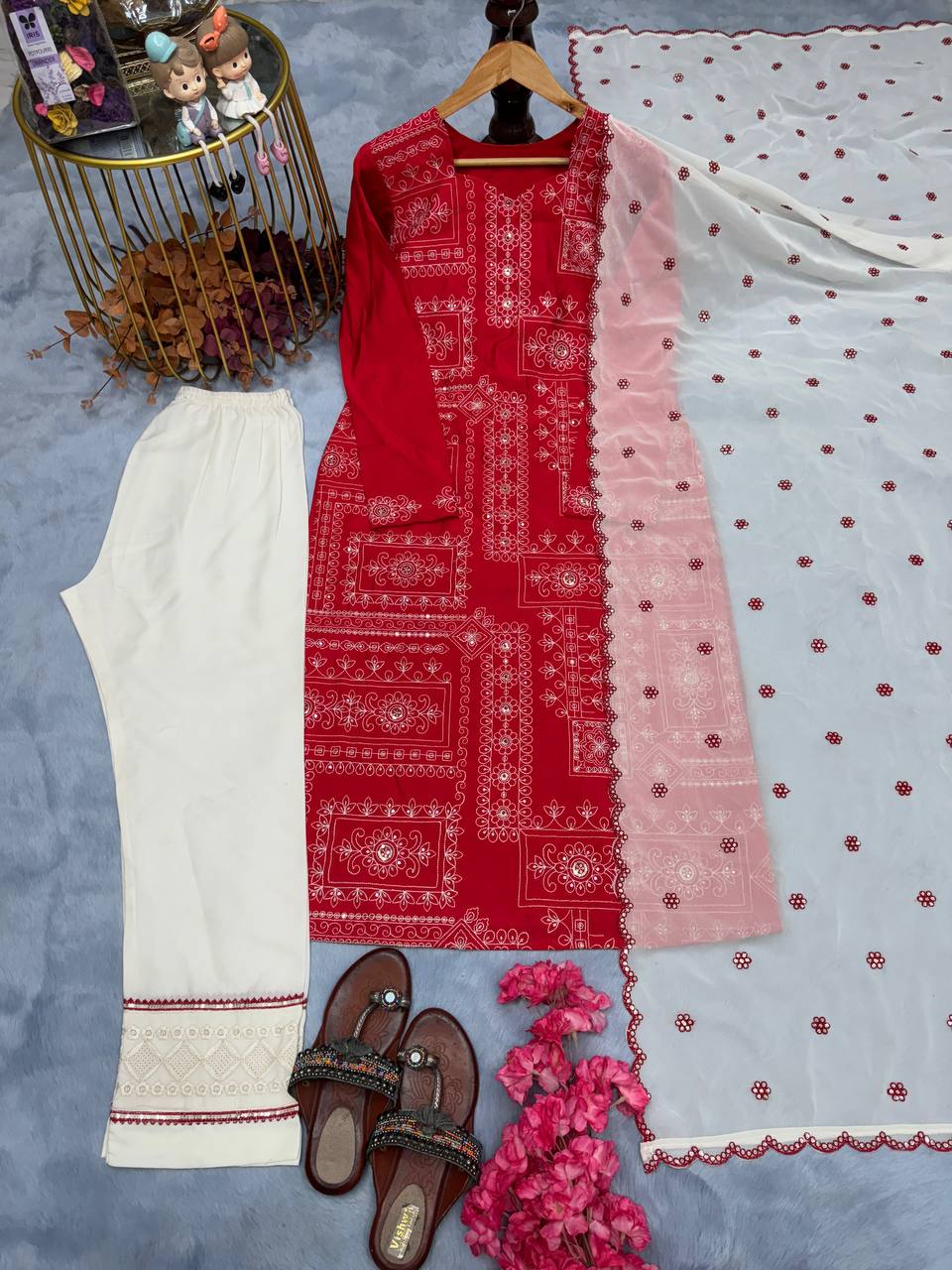 Red Premium Designer Readymade Pur Roman Silk Top, Bottom & Dupatta Set – Party & Festive Wear Collection Clothsvilla Main image