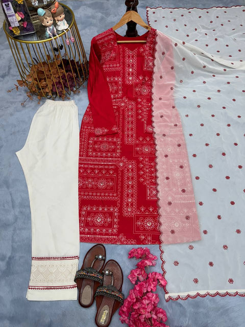 Red Premium Designer Readymade Pur Roman Silk Top, Bottom & Dupatta Set – Party & Festive Wear Collection Clothsvilla Main image