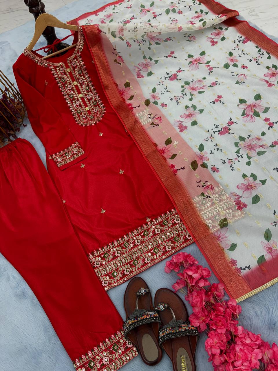 Red Premium Designer Readymade Top & Bottom Set with Elegant Dupatta – Party Wear Collection Clothsvilla