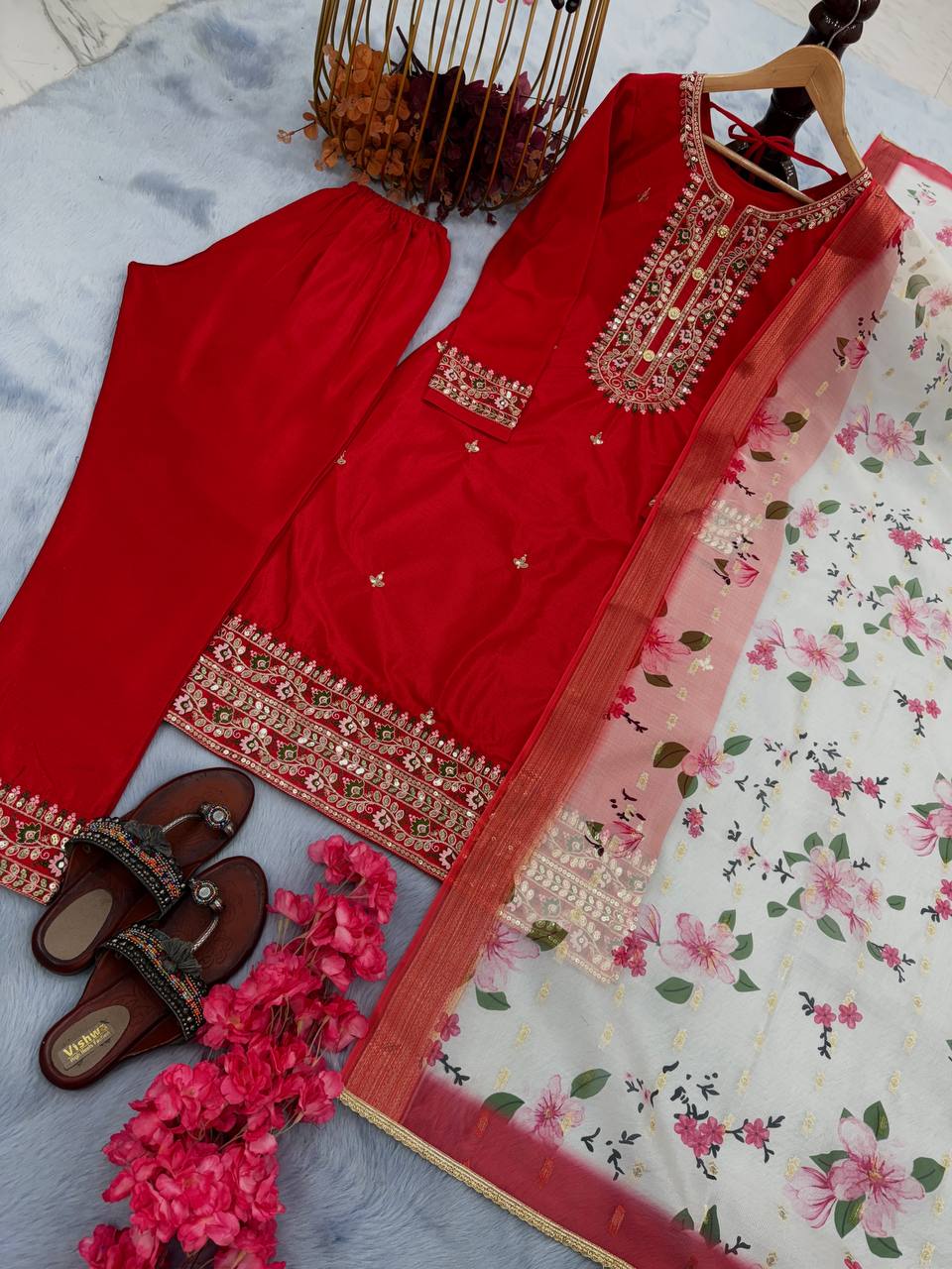 Red Premium Designer Readymade Top & Bottom Set with Elegant Dupatta – Party Wear Collection Clothsvilla