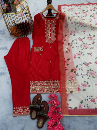 Red Premium Designer Readymade Top & Bottom Set with Elegant Dupatta – Party Wear Collection Clothsvilla